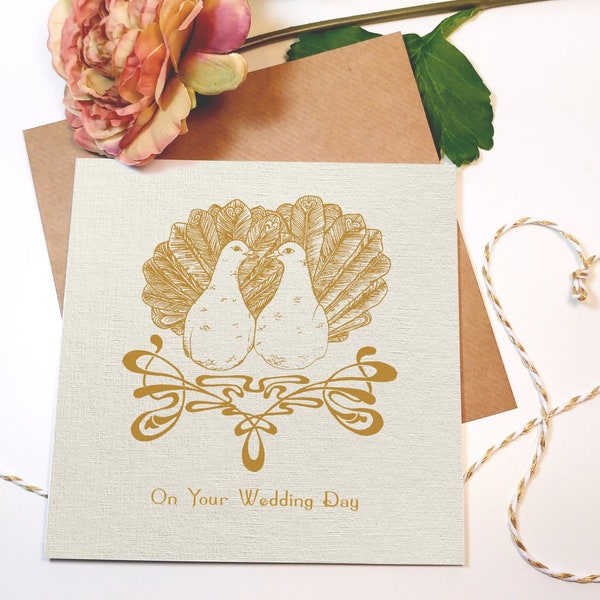 SALE // Wedding Day Doves // Square Greeting Card, Love, Turtle Doves, Art Nouveau