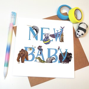 Nieuwe babyjongen//vierkante wenskaart, babyjongen - gefeliciteerd - dieren - typografie - nieuwe ouders