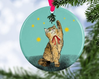Holly Jolly Cat Ceramic Christmas Tree Decoration | Cat Bauble | Cute Cat Ornament | Stocking Filler