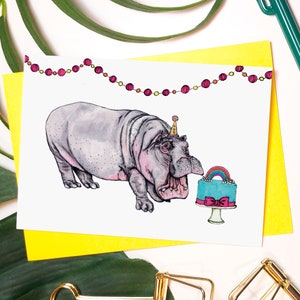 Party Hippo Greetings Card // Blank A6 Card // Party Animals, Hippo Birthday Card, Congratulations, Childrens birthday card