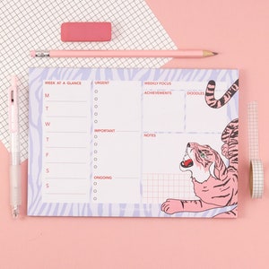 Tiger Weekly Planner Pad – A5 Desk Pad Planner, 50 Tear-Off Sheets, Recycled Paper, Eco-Friendly Stationery, Pastel Tiger Design