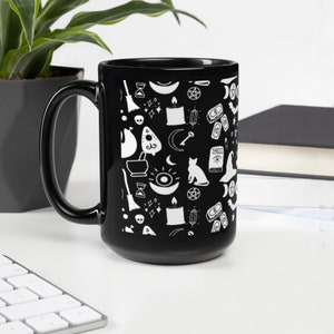 Witchy Pattern Black Glossy Mug | Halloween Mug Witches Brew