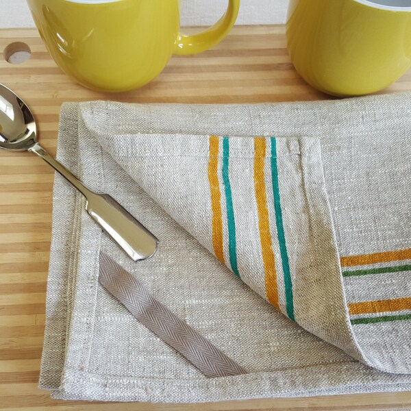 100% Heavy Linen Dish Towel | Hand Made | Hand Painted | Striped Dish Towel | Vintage Style Dish Towel