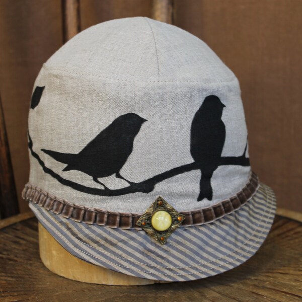 Cloche Summer Hat With  Birds | Hand Painted | Vintage Pin on Light Khaki Colored Linen