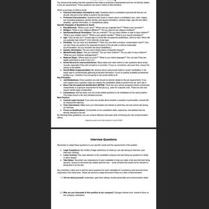 May include: A document titled "Interview Training" with advice on avoiding discriminatory questions. It provides examples of questions to avoid, key principles, and best practices for interviews. The document also lists interview questions.