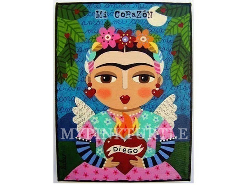 Frida Flaming Heart Angel 6 x 8 PRINT of painting by LuLu Mypinkturtle image 1