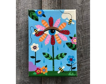 CRAZY for SPRING series - Wide-Eyed Flower and Bees 5" x 7" canvas painting