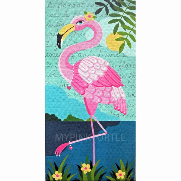 Tropical Pink Flamingo 5 x 10 PRINT of painting by LuLu Mypinkturtle