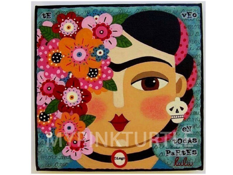 Frida with Flowers and Skull 8 x 8 PRINT of painting by LuLu Mypinkturtle image 1