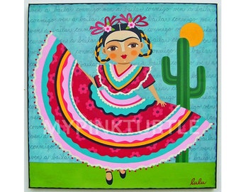 Frida in Traditional Dress with Cactus 8 x 8 PRINT of painting by LuLu Mypinkturtle