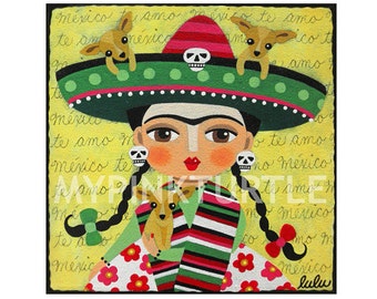 Frida in Sombrero with Chihuahuas 8 x 8 PRINT of painting by LuLu Mypinkturtle