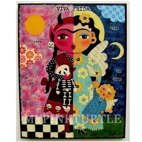 SALE - PRINT Frida Sun and Moon Angel Devil 8 x 10 print of painting by LuLu Mypinkturtle - Reg price 15