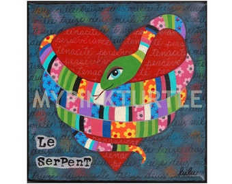 Colorful Snake and Heart 8 x 8 PRINT of painting by LuLu Mypinkturtle