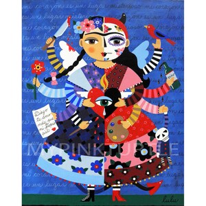 May include: A vibrant painting on a blue background depicts a split-faced figure with multiple arms. One side is adorned with flowers, the other with a skull. The figure holds various objects, including a knife, a bird, and a bottle. Text in Spanish is visible.