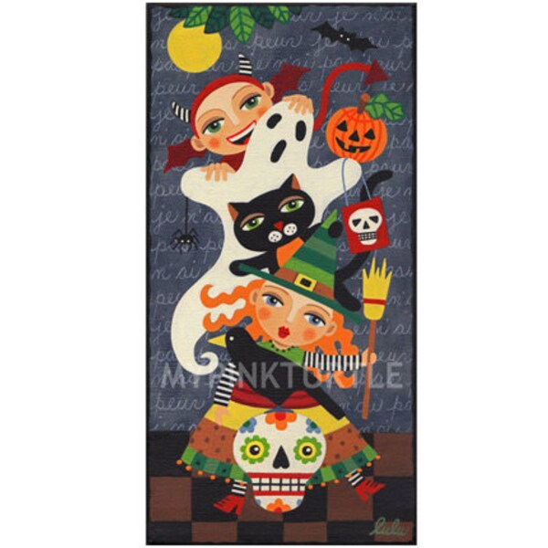 SALE - PRINT Halloween Witch Ghost Devil Cat and Skull 5 x 10 print of painting by LuLu Mypinkturtle - Reg price 15