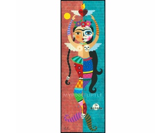 Frida Day of the Dead Mermaid Angel 3 x 9 print of painting by LuLu Mypinkturtle