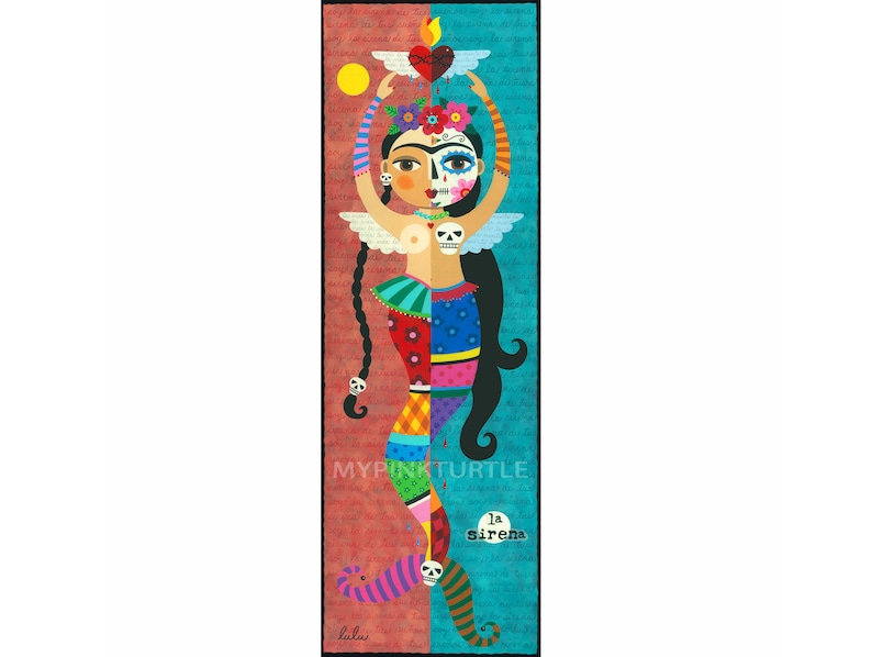 Frida Day of the Dead Mermaid Angel 3 x 9 print of painting by LuLu Mypinkturtle image 1