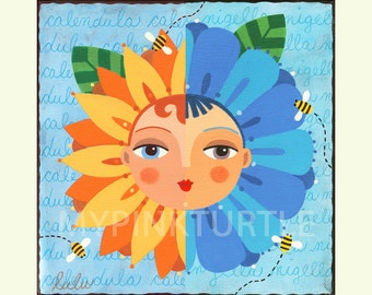 Peace and Bees Flower Face 8 x 8 PRINT of painting by LuLu Mypinkturtle