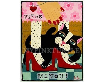 Schwarze Katze und rote Schuhe 8 x 10 DRUCK der Malerei von LuLu Mypinkturtle