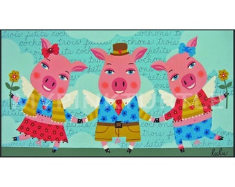 Three Little Flying Pigs 10 x 5  of painting by LuLu Mypinkturtle