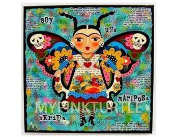 Frida Day of the Dead Butterfly 8 x 8 print of painting by LuLu Mypinkturtle