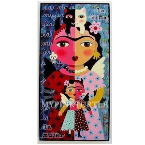 May include: A colorful illustration of a woman and a child, split vertically. The woman has a black cat and a white cat on her head. The text "la niña" is visible. The bottom half of the image has the text "la mujer".