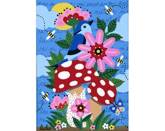 Toadstools, Bird and Flowers 7 x 10 PRINT of painting by LuLu Mypinkturtle