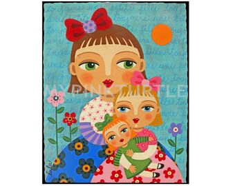 Two Girls and a Doll 8 x 10 PRINT of painting by LuLu Mypinkturtle