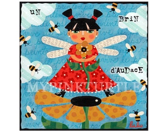 Fairy standing on Daisy with Bees 8 x 8 PRINT of painting by LuLu Mypinkturtle