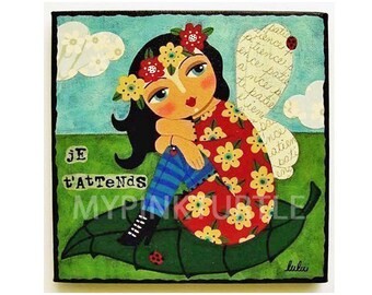 Dreaming Fairy Seated on Leaf 8 x 8 PRINT of painting by LuLu Mypinkturtle