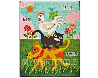 Dog, Cat, Chicken, Turtle and Blue Bird 8 x 10 PRINT of painting by LuLu Mypinkturtle