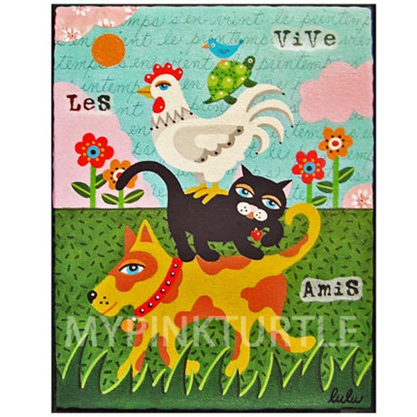 SALE - PRINT Dog, Cat, Chicken, Turtle and Blue Bird 8 x 10 print of painting by LuLu Mypinkturtle - Reg price 15