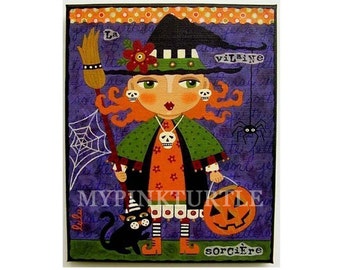 Halloween Witch and Cat 8 x 10 PRINT of painting by LuLu Mypinkturtle - Reg price 15