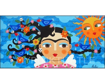 Frida Angel with Birds and Skulls 10 x 5 PRINT of painting by LuLu Mypinkturtle
