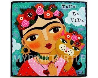 Frida and Cat 8 x 8 PRINT of painting by LuLu Mypinkturtle
