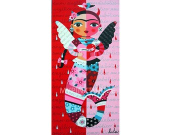 Frida Angel Devil Red and Pink Mermaid 5 x 10 PRINT of painting by LuLu Mypinkturtle