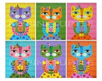 Six Cat Girls with Flower 8 x 10 PRINT of painting by LuLu Mypinkturtle