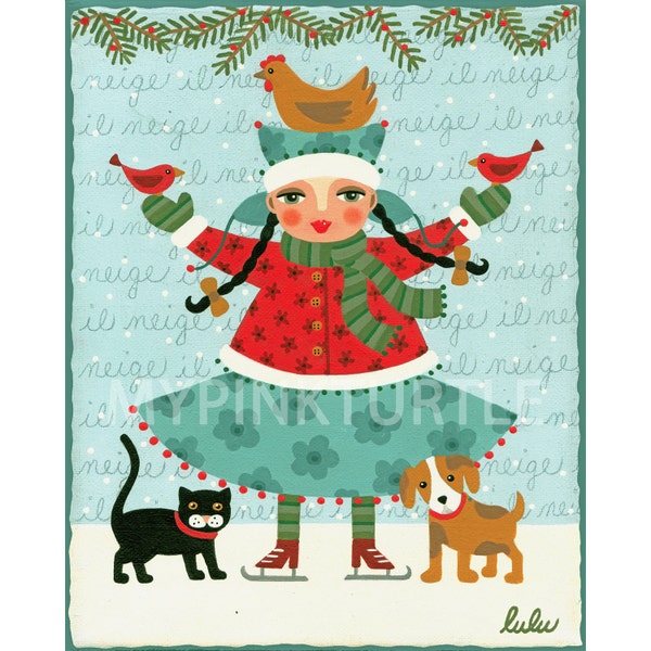 Winter Girl Skating with Dog Cat Chicken and Red Birds 8 x 10 print of painting by LuLu Mypinkturtle