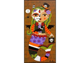 Halloween Day of the Dead Green Hair Mermaid 5 x 10 PRINT of painting by LuLu Mypinkturtle