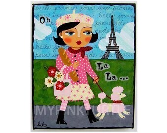 Paris Girl and Pink Poodle 8 x 10 print of painting by LuLu Mypinkturtle