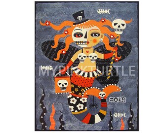 Steampunk Day of the Dead Fairy Mermaid 8 x 10  PRINT of painting by LuLu Mypinkturtle