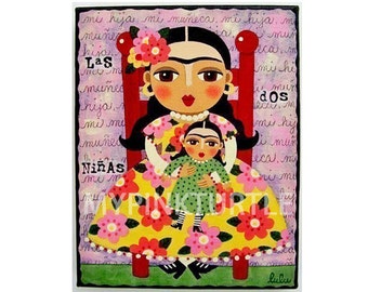 Frida and Doll 8 x 10 PRINT of painting by LuLu Mypinkturtle