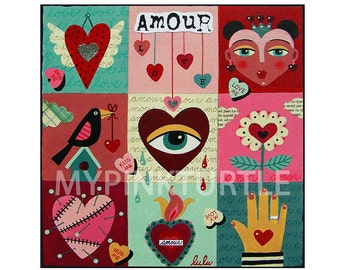 Love Hearts Mosaic Patchwork 8 x 8 PRINT of painting by LuLu Mypinkturtle