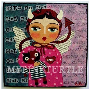 May include: A whimsical painting of a figure with devil horns and a tail, holding a cat. The figure wears a pink dress with a "love" heart. The background has text and a teal and pink color scheme.