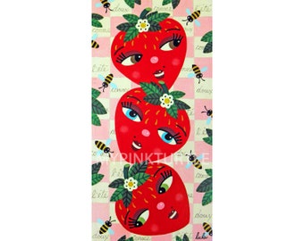 Trio of Strawberry Girls with Bees 5 x 10 PRINT of painting by LuLu Mypinkturtle