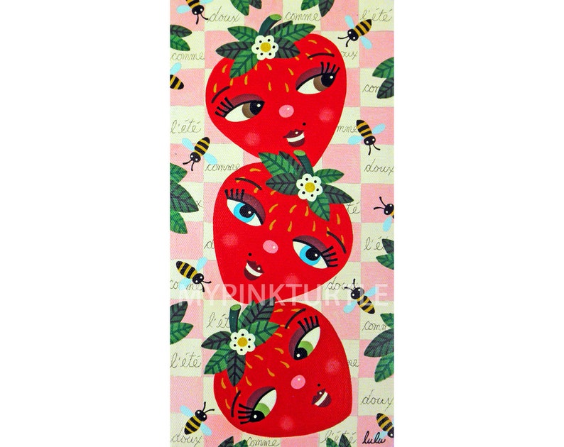 Trio of Strawberry Girls with Bees 5 x 10 PRINT of painting by LuLu Mypinkturtle image 1