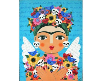 Frida Blue Birds, Skulls and Flowers 8 x 10 PRINT of painting by LuLu Mypinkturtle