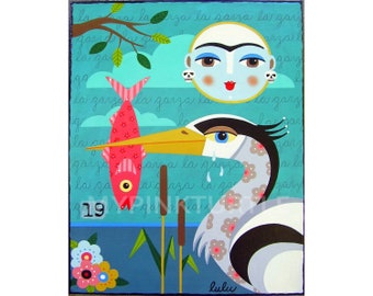 Frida Loteria Card La Garza met reiger, schedels, vis en maan 8 x 10 AFDRUKKEN van schilderij van LuLu Mypinkturtle