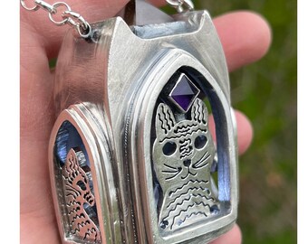 The Haunted Cat House Lantern Locket. Sterling Silver, Amethyst, Garnet, Agate. Raw, Gothic, Fire, Ghost, Boho, Halloween, Darkness, Light
