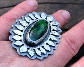 Poison Ivy Ring. Artisan Sterling Silver, Malachite. Large, Primitive, Tribal, Organic, Raw, Boho, Amulet, Talisman.